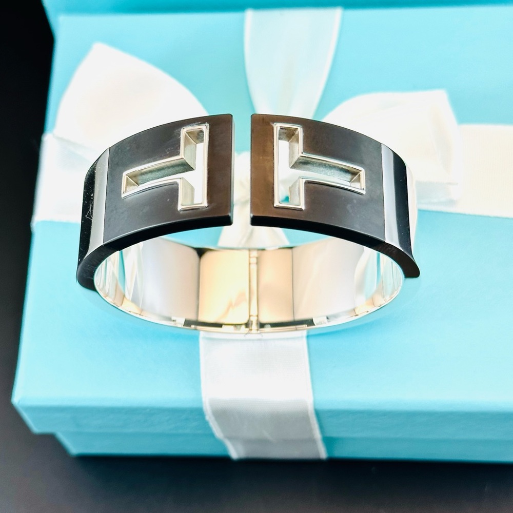 Tiffany & Co T Cutout Hinged Wide Cuff. Sterling Silver & Black Ceramic. NEW
